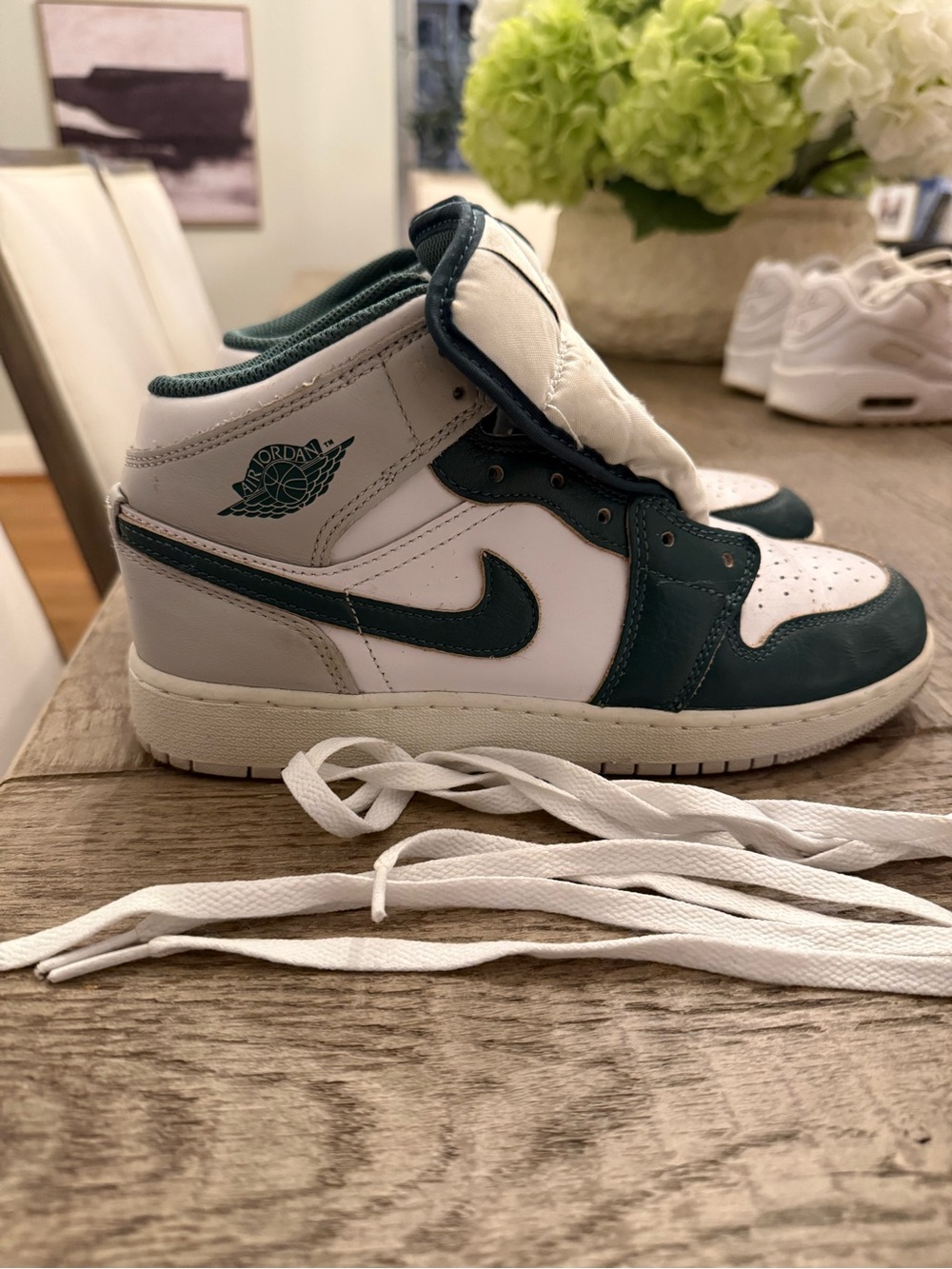 Jordan 1 Mid Boys Sneakers - White and Dark Green
